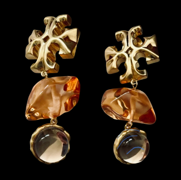 Auténticos pendientes de doble gota de piedra Tory Burch Roxanne Papaya pálida
