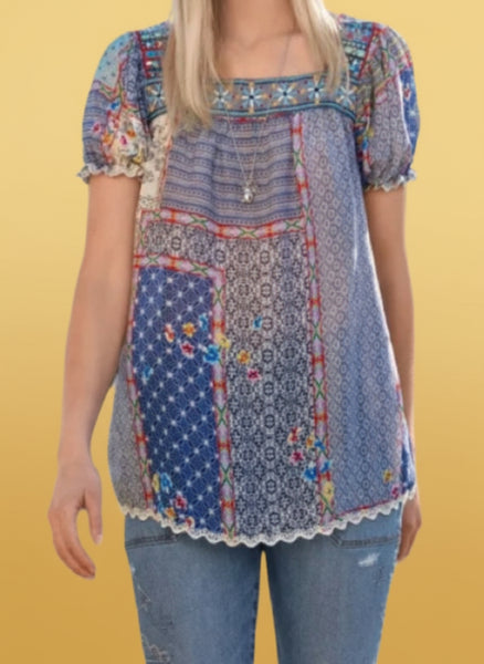 Johnny Was Kichica Padme Blouse in Multicolor Floral Print Tunic Tope Size Large