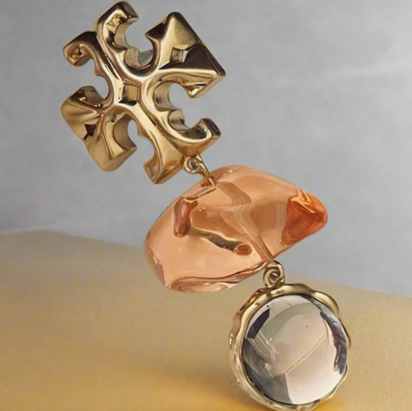 Auténticos pendientes de doble gota de piedra Tory Burch Roxanne Papaya pálida