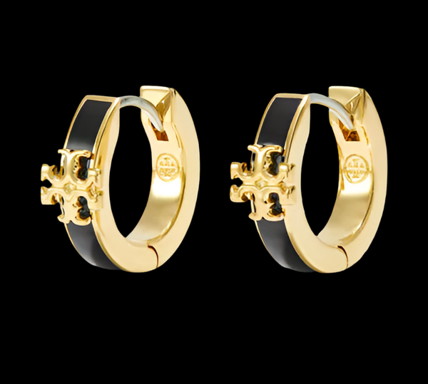 Auténticos pendientes de aro Tory Burch Kira Small Huggies en tono dorado y esmalte negro