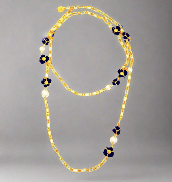 Tory Burch Flowers with Freshwater Pearls Long Necklace Gold & Black