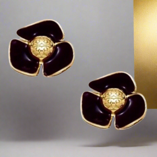 Pendientes auténticos con logotipo de flor de oro negro de Tory Burch