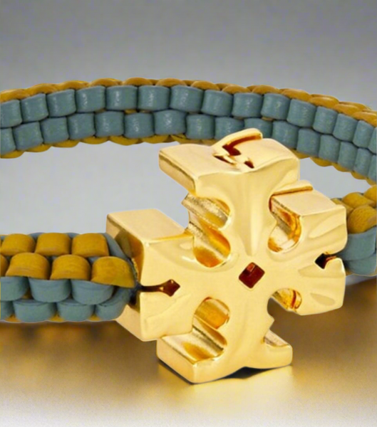 Tory Burch Roxanne Goldtone & Green Yellow Leather Woven Bracelet