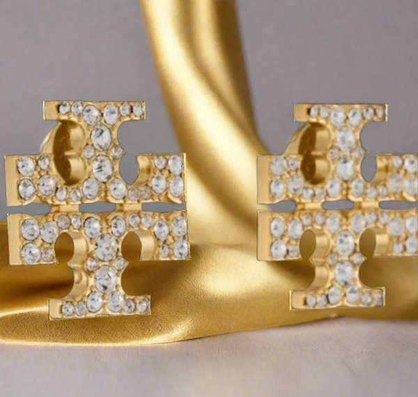 Tory Burch Kira Stud Earrings Crystal Pave T Logo Gold