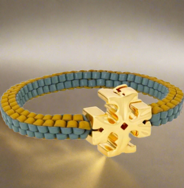 Tory Burch Roxanne Goldtone & Green Yellow Leather Woven Bracelet