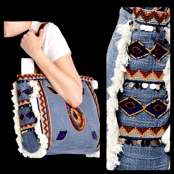Sam Edelman Bolso tote con ribete de formas geométricas vibrantes de mezclilla con forma geométrica