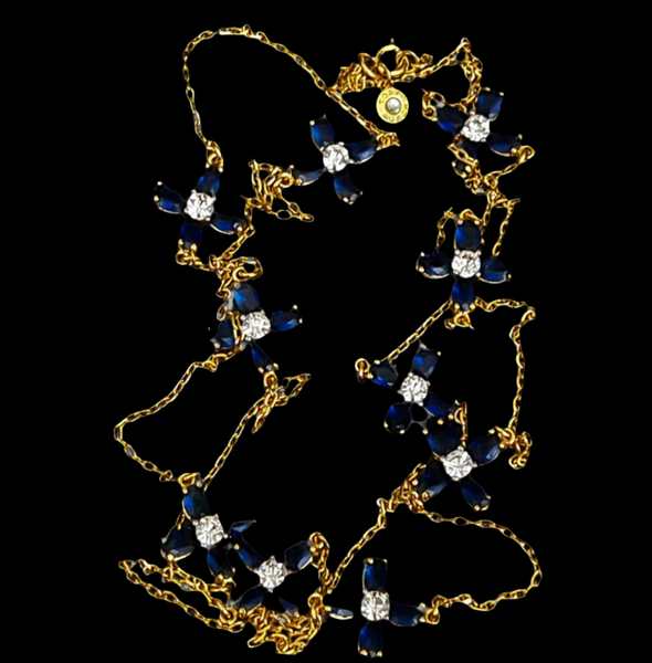 Auténtico collar largo de flores azules de cristal Swarovski de Tory Burch dorado y azul