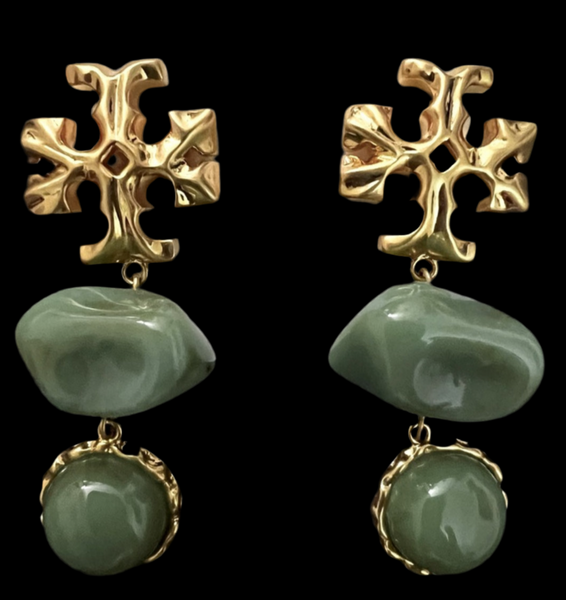 Auténticos pendientes Tory Burch Roxanne de doble gota de latón dorado / azure verde