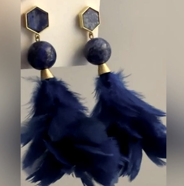 Tory Burch Drop Earrings Gold Plated Lapis Lazul And Feather