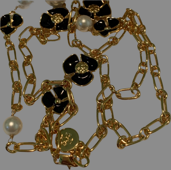 Tory Burch Flowers with Freshwater Pearls Long Necklace Gold & Black
