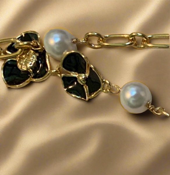 Tory Burch Flowers with Freshwater Pearls Long Necklace Gold & Black