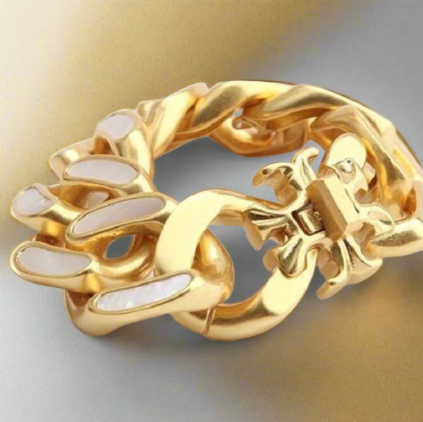Tory Burch Roxanne Bracelet Chunky Inlay Gold and Mother of Pearl