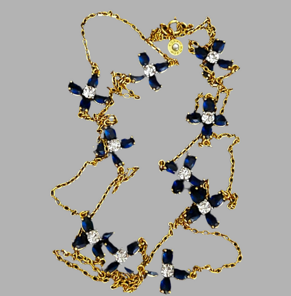 Auténtico collar largo de flores azules de cristal Swarovski de Tory Burch dorado y azul