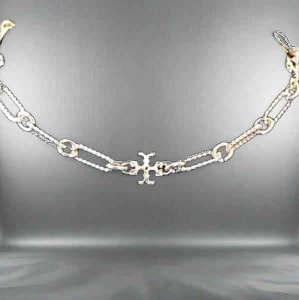 Tory Burch Roxanne Double-T Rope Chain Short Necklace Shiny Silver Plated