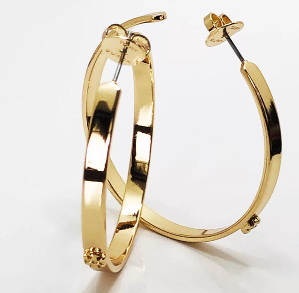 Tory Burch Kira Gold Double T Logo Crest Hoop Earrings