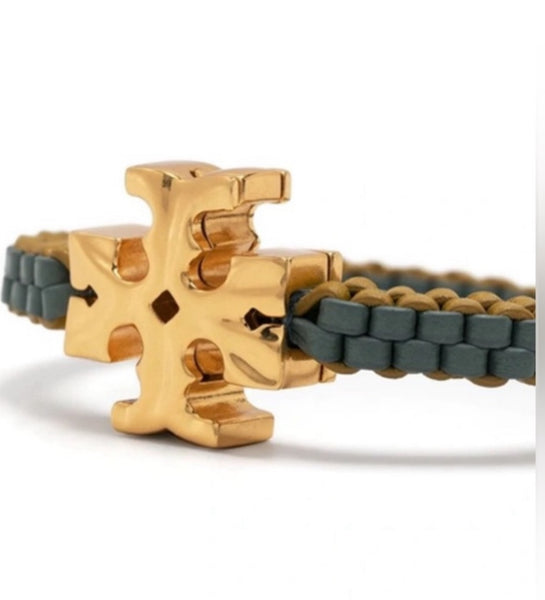 Tory Burch Roxanne Goldtone & Green Yellow Leather Woven Bracelet
