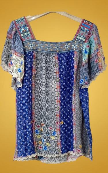 Johnny Was Kichica Padme Blouse in Multicolor Floral Print Tunic Tope Size Large