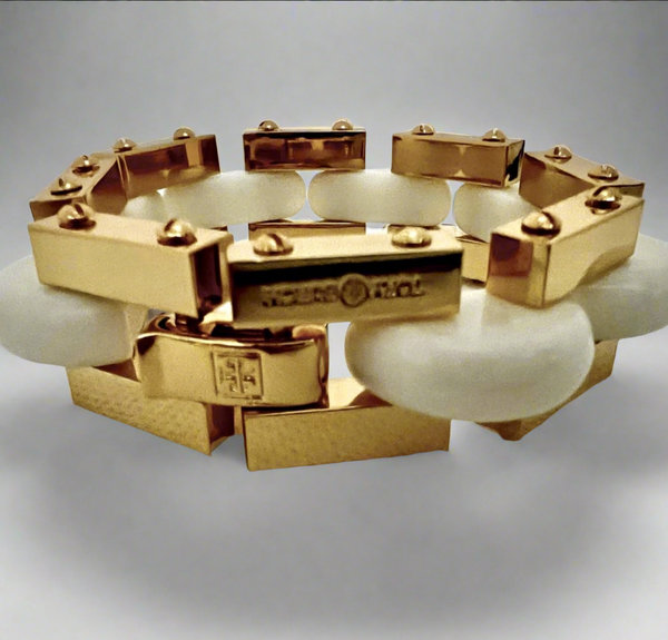 Tory Burch Chunky Bold Statement Polished Gold Chain Bracelet & Ivory Enamel Inlays to