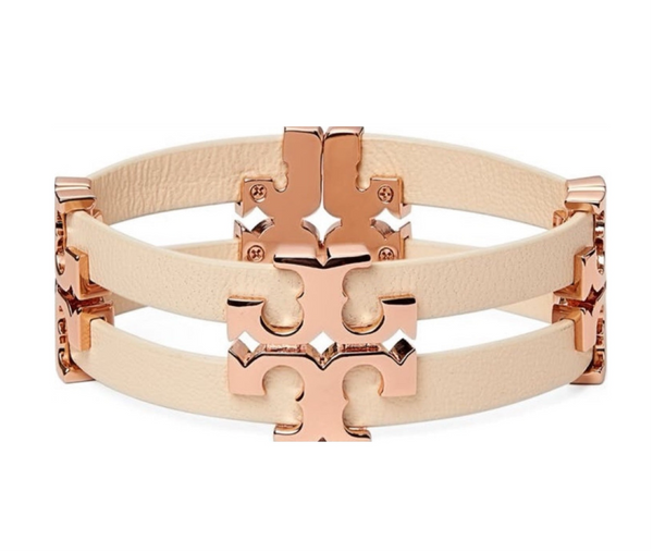 Auténtica pulsera Tory Burch Serif T de cuero apilado en arena/oro rosa