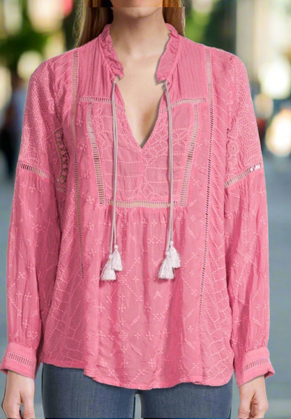 Johnny Was Gallery Blusa Agradable Bordada Denim Primavera Rosa Grande