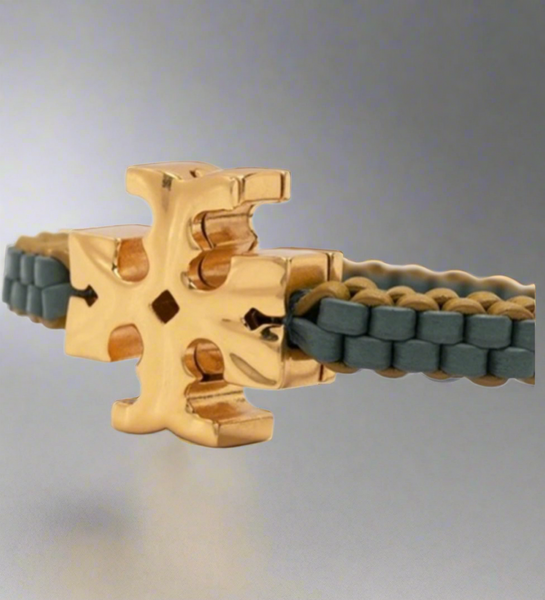 Tory Burch Roxanne Goldtone & Green Yellow Leather Woven Bracelet