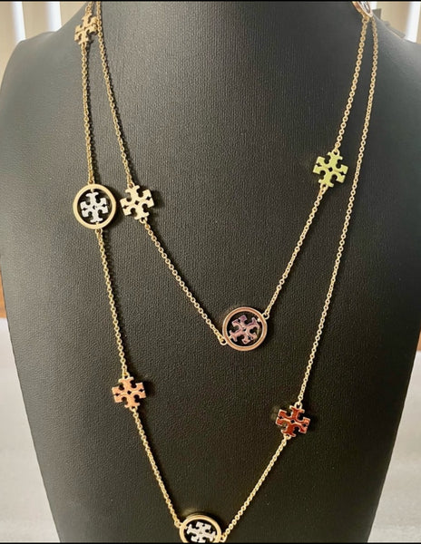 Tory Burch Miller Long Chain Necklace with Tory Logo in Gold and Silver