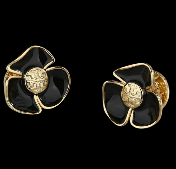 Pendientes auténticos con logotipo de flor de oro negro de Tory Burch