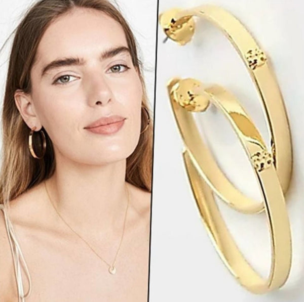 Tory Burch Kira Gold Double T Logo Crest Hoop Earrings