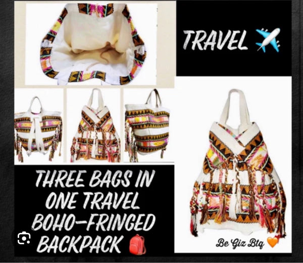 American and Beyond Travel Boho Bag MI Mochila/Tote con flecos - Tres bolsos en uno