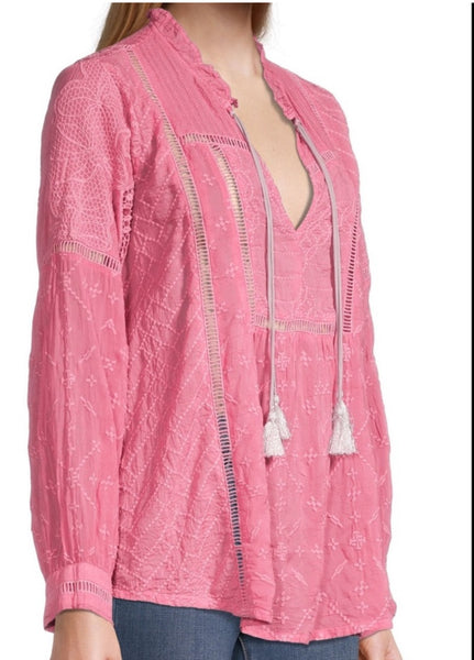 Johnny Was Gallery Blusa Agradable Bordada Denim Primavera Rosa Grande