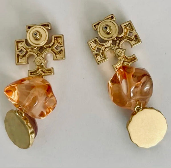 Auténticos pendientes de doble gota de piedra Tory Burch Roxanne Papaya pálida
