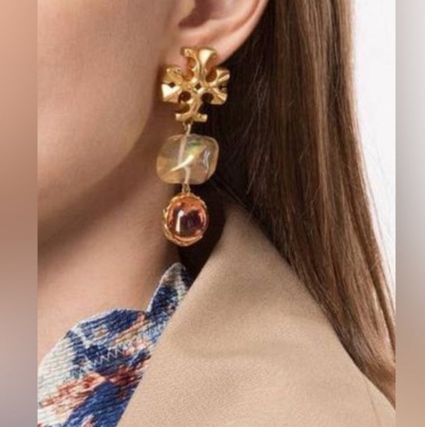 Auténticos pendientes de doble gota de piedra Tory Burch Roxanne Papaya pálida