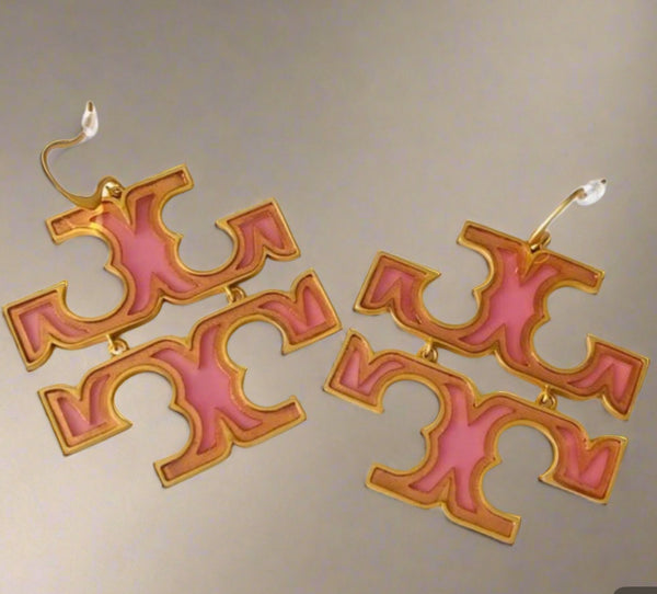 Auténticos pendientes con logotipo de Tory Burch, pendientes colgantes transparentes, oro/rosa