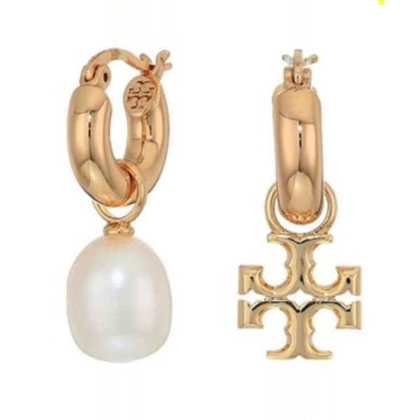 Tory Burch Logo Baroque Pearl Mismatch Drop Earrings