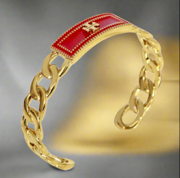 Auténtico brazalete de cadena con logotipo Milgrain de Tory Burch en oro y rojo