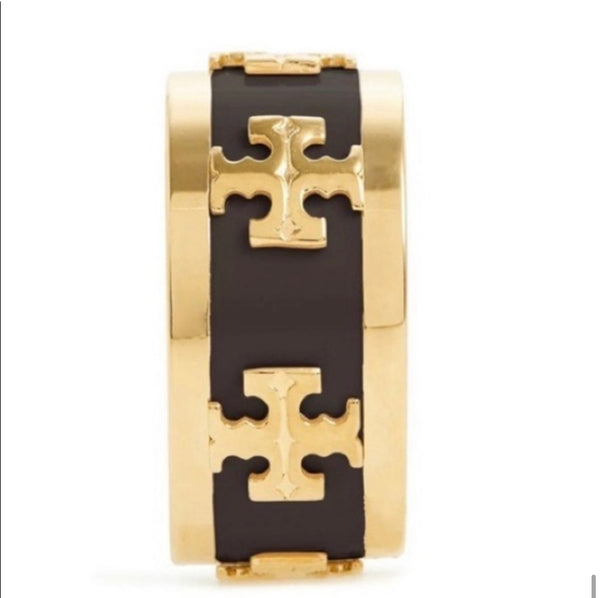 Tory Burch Wide Band Black Enamel With Raised Logo Ring Size 7