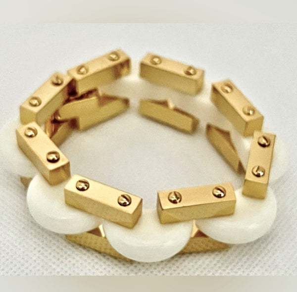 Tory Burch Chunky Bold Statement Polished Gold Chain Bracelet & Ivory Enamel Inlays to
