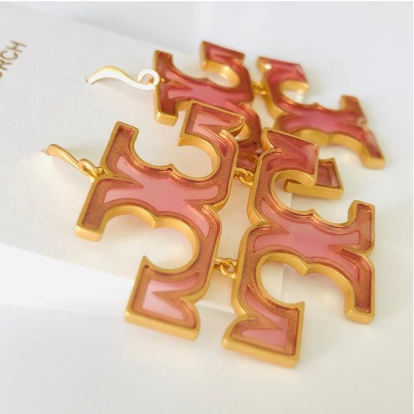 Auténticos pendientes con logotipo de Tory Burch, pendientes colgantes transparentes, oro/rosa