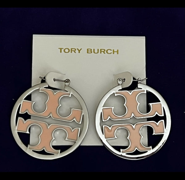 Tory Burch Miller Shiny Silver And Pink Enamel Inlay Hoop Earrings