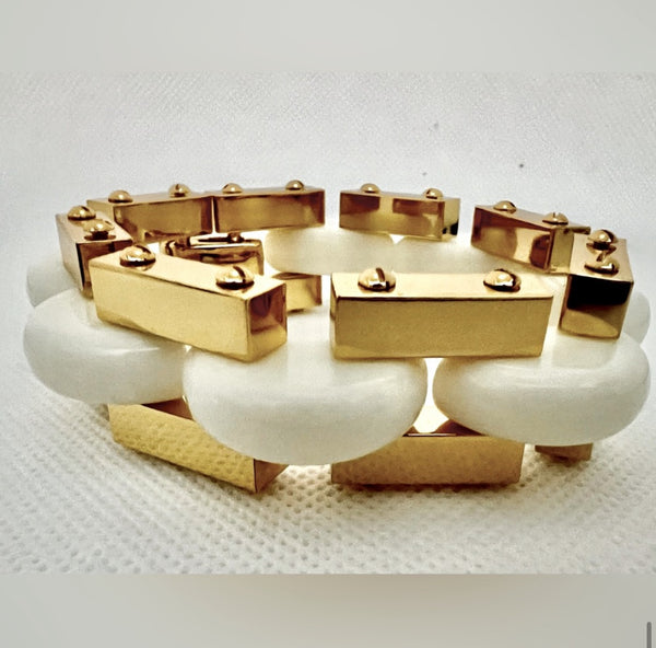 Tory Burch Chunky Bold Statement Polished Gold Chain Bracelet & Ivory Enamel Inlays to