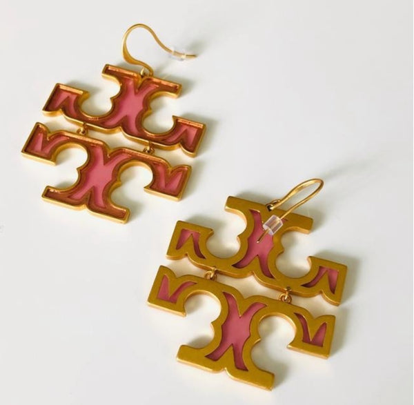 Auténticos pendientes con logotipo de Tory Burch, pendientes colgantes transparentes, oro/rosa