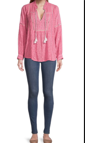Johnny Was Gallery Blusa Agradable Bordada Denim Primavera Rosa Grande