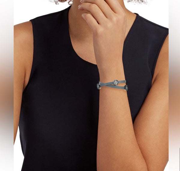 Tory Burch Miller Double Wrap Bracelet Silver Tone Leather & Enamel