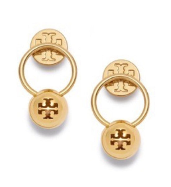Auténticos pendientes colgantes de oro con cuentas y logotipo de Tory Burch