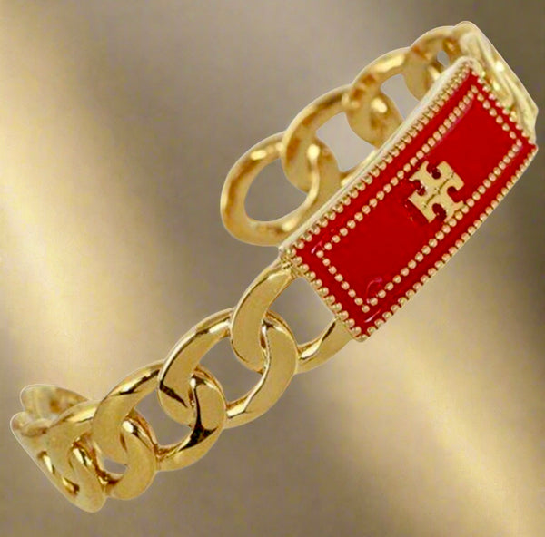 Auténtico brazalete de cadena con logotipo Milgrain de Tory Burch en oro y rojo