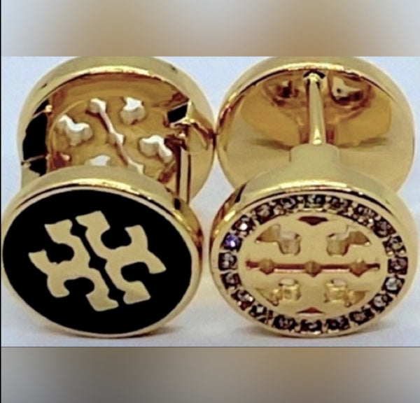Auténticos pendientes reversibles de cristal Tory Burch de doble cara en negro y oro