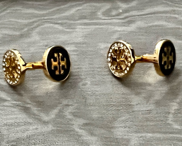 Auténticos pendientes reversibles de cristal Tory Burch de doble cara en negro y oro