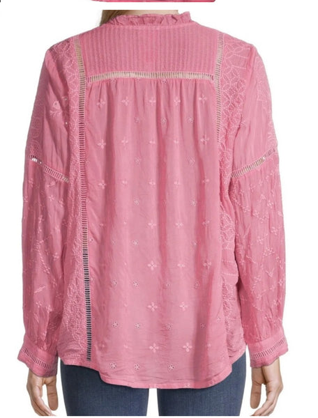 Johnny Was Gallery Blusa Agradable Bordada Denim Primavera Rosa Grande