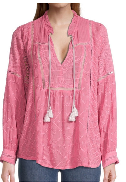 Johnny Was Gallery Blusa Agradable Bordada Denim Primavera Rosa Grande