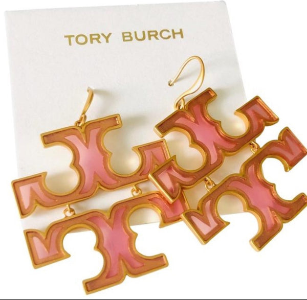 Auténticos pendientes con logotipo de Tory Burch, pendientes colgantes transparentes, oro/rosa